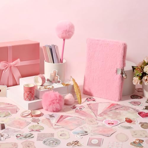 Janlaugh DIY Journal Diary with Lock Pack Scrapbook Kit, Pink, Plush | Stationery Diary Supplies, Scrapbook Supplies Art Crafts Kit for Birthday Holidays Ideal Gifts, Feather Bookmark Stickers