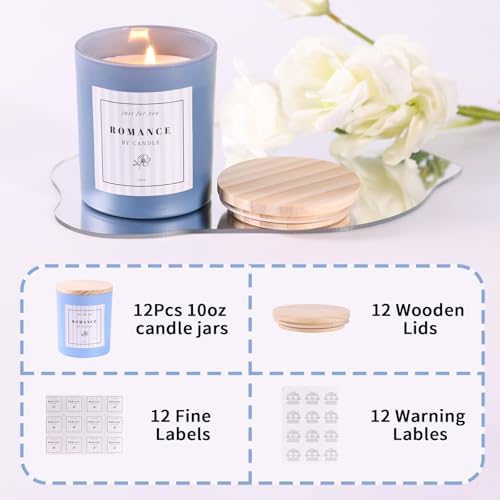 12Pcs Assorted Blue Candle Jars for Making Candles, 10oz Empty Jars with Bamboo Lids and Labels, Glass Candle Jars for Candle Making Supplies, Candle Containers for DIY Gifts
