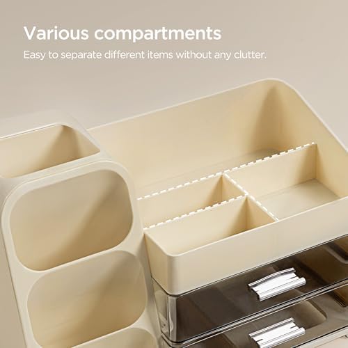 HBlife Desk Organizer with Pen Pencil Holder for Desk, Pen Organizer with 2 Drawers, Desk Organizers and Accessories with 4 Compartments, Desktop Storage for Office Home School Art Supplies, Beige