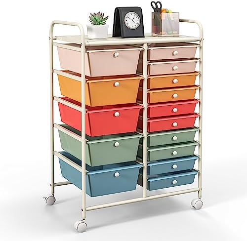 GOFLAME 15-Drawer Rolling Storage Cart, Craft Storage Cart with Removable Drawers & Lockable Wheels, Art Cart Supply Storage Organizer for Home Office Classroom, Macaron Color