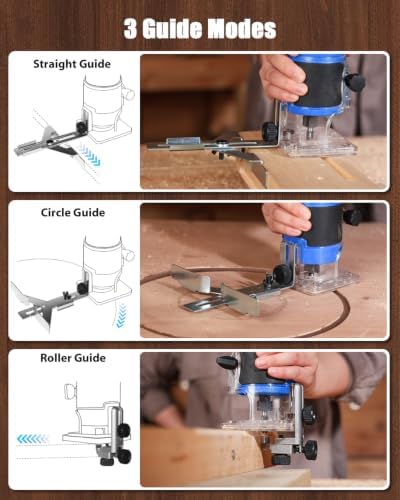 AVID POWER 630W 5.3 Amp Wood Router Tool with Fixed Base Compact Router for Woodworking, 35,000 RPM, 1/4” collet & 5 Trim Bits, Straight & Roller Guide, 2 Wrenches and Carbon Brushes - Blue