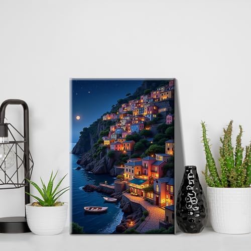 HeeBenor Framed Paint by Numbers Kit for Adults, Seaside Town Paint by Number with Easel, DIY Landscape Oil Painting by Number, Adult Paint by Number Kits Framed Canvas for Home Wall Decor 8x12 Inch