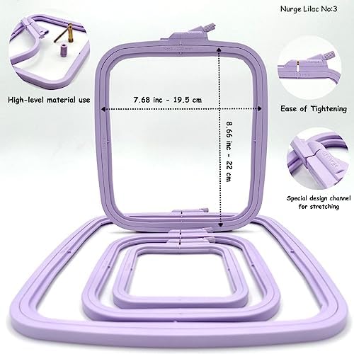 Nurge Square Embroidery Hoop - Plastic Cross Stitch Frame for Needlepoint & Embroidery - Adjustable Craft Hoop - Lilac - No:3 (Medium)