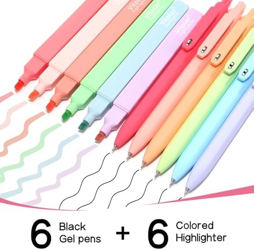 Vitoler Highlighters and Gel Pens Set，Assorted Colors Chisel Tip Quick Dry | 12 Pack Aesthetic Highlighters and 0.5mm Black Ink Pens for Study, Journaling and Office Supplies