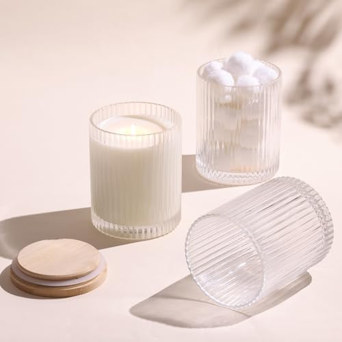 14OZ Clear Glass Candle Jars for Making Candles, 6 Pack - Empty Candle Jars Bulk with Bamboo Lids and Accessories, Ribbed Candle Vessels Containers for Candle Making