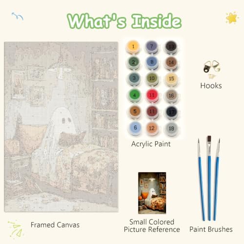 Spandrel Halloween Ghost Framed Paint by Numbers Kit for Adult, Vintage Paint by Number Kits on Canvas Ghost Reading, DIY Acrylic Oil Halloween Painting by Numbers Gifts for Home Wall Decor, 8x12in