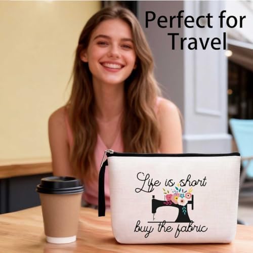 Hanamiya Na Sewing Gift for Women, Seamstress Gifts Cosmetic Bag, Funny Quilting Gifts for Women Great Gift for Quilters, Seamstresses-Life Is Short Buy The Fabric Makeup Bag