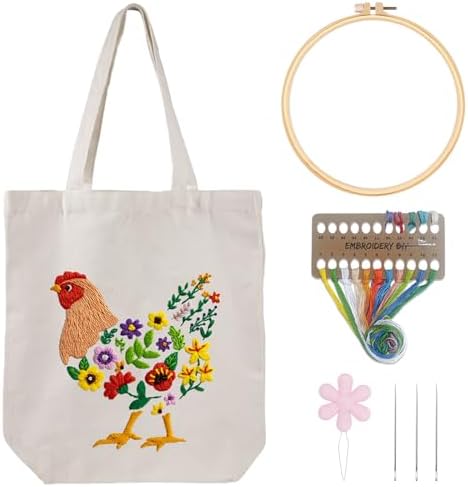 Louise Maelys Embroidery Kit, Canvas Tote Bag with Floral Hen Art Pattern