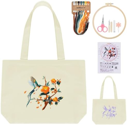 ERKOON Canvas Tote Bag Embroidery Kit for Beginners, Floral Arts Crafts Cross Stitch Kits for Adults Including Stamped Embroidery Bag with Hoops, Needle, Instruction and Color Threads (Hummingbird)