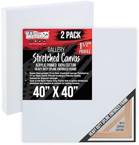 U.S. Art Supply 40"x40" Stretched Canvas for Painting, Gallery Depth 2-Pack | Square 1-1/2" Thick - 17oz Acrylic Gesso Triple Primed, Professional Artist Quality, 100% Cotton - Oil, Pouring Paint