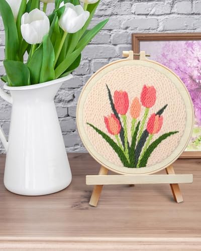 ERKOON Punch Needle Kit Beginners Adults, DIY Easy Flower Embroidery Set for Starter Art Craft, Needling Punching Project with Patterns, Tools, Yarns, Hoop, Instruction (Tulips)