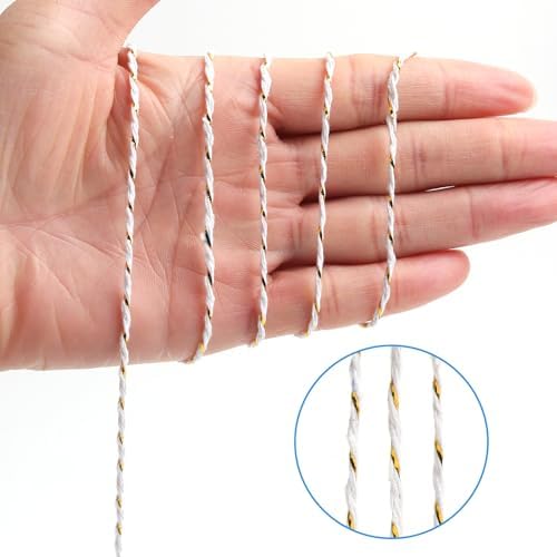 White Gold String White Gold Twine 658 Feet 1.5mm Gold String for Ornaments Christmas String Twine for Gift Wrapping Inelastic Glitter Gold Cording for Crafts Gold Thread (White Gold)