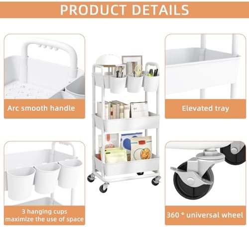 JIUYOTREE 3-Tier Plastic Rolling Storage Cart Utility Cart with Extra Hanging Cups Handles Lockable Wheels for Living Room Bathroom Kitchen Office White