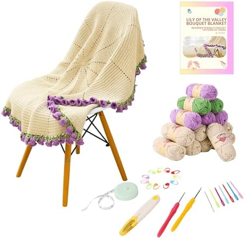 CSWCS Crochet Blanket Kit for Beginners, 40 inches Flower Bouquet Shawl Throw Kits for Adults, Learn How to Knitting with Yarn, Hook & Instructions, Gifts for Women Home Decor (Lily of The Valley Kit)
