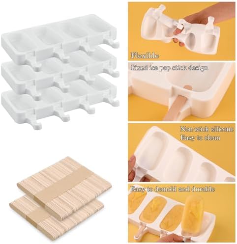 Sakolla 3 Pcs 4 Cavity Mini Popsicle Silicone Molds with 100 Wooden Sticks