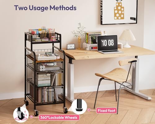 SWTYMIKI Rolling Cart with Drawers - Metal Craft Cart with Wheels, DIY Divider and Wood Shelf, Art Supply Organizer Craft Organizer and Storage, Utility Storage Cart for Home Office Studio, Espresso
