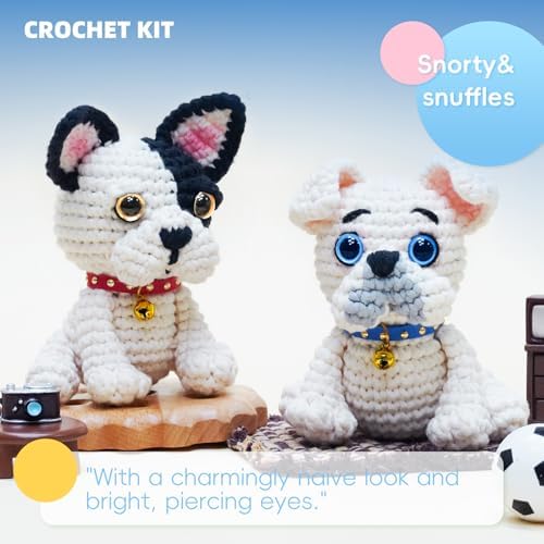 Gipony Crochet Kit for Beginners Animal,Crochet Animal Kits,Crochet Pet Toys Kits,Learn to Crochet with Step-by-Step Video Tutorials,Beginners Crochet Kits for Adults(2 Pack French Bulldog)