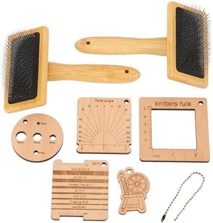 8PCS Wooden Knitting Gauge Wool Brush Set, Felting Blending Tools, Craft Project Kit, Wool Carders with Drop Spindle, Hand Carders Slicker Brush for Weaving Blending Roving