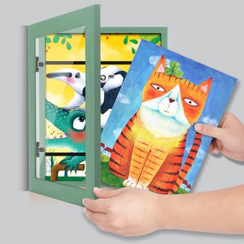 [2-Pack] Kids Art Frames, 8.5x11 Front Opening Kids Artwork Frames Changeable, Olive Green Artwork Display Storage Frame for Wall, Holds 50 Pcs, for 3D Picture, Crafts, Children Drawing, Hanging Art,