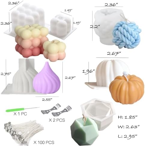 6pcs Silicone Candle Making Molds Kit Set, 3D Silicone Mold for Baking Desser, Soy Wax, Soap Geometric Pumpkin Shapes Yarn Ball Bubble Cube Molds DIY Scented Candle