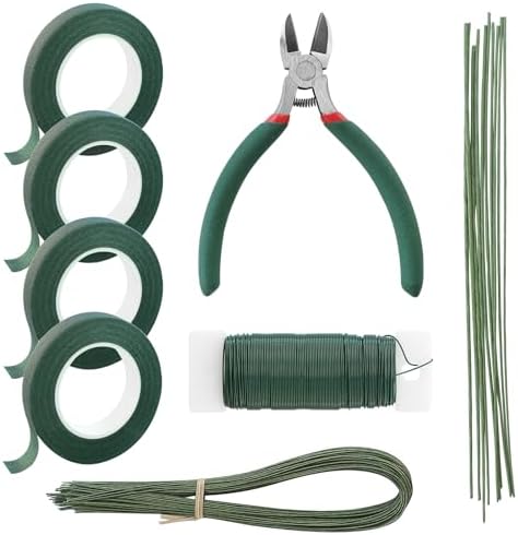 Floroom Floral Tape and Wire Kit with Cutter, 26 & 18 Gauge Stem Wire, 22 Gauge Paddle Wire, Flower Arrangement Tool Set for DIY Crafts, Bouquets, Florist Making & Supplies, Green