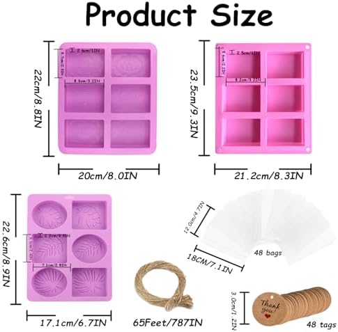Soap Making Kit with 3 Silicone Molds, 48 Bags, 48 Gift Tags, 65ft Jute Twine – Craft Set for Handmade Soaps – Beginner & Professional