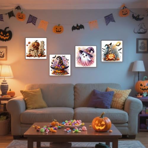 SUJINMEI 4 Pack Halloween Paint by Numbers Kit for Kids with Frame 8x8 inch