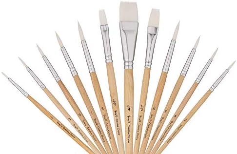 Jerry Q Art 12 PC White Synthetic Hair Round and Flat Paint Brush Set with Short Wood Handle for Acrylic, Watercolor and All Media JQ17931