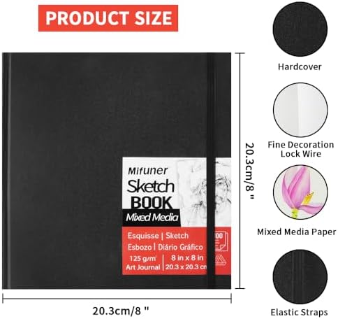 Mixed Media Art Sketchbook, 8 x 8 inches, 100 Sheets/200 Pages 125 GSM Acid-Free Beige Drawing Papers,Large Hardcover Art Journal Sketchbook for All Artists.Black