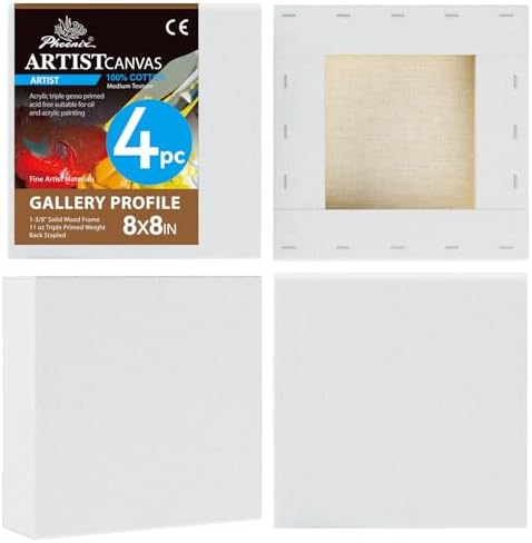 PHOENIX 8x8 Inch 4 Pack Gallery Canvas - 1.5 in Thick Small Square Canvases for Painting - Deep Edge 100% Cotton 11 Oz. Gesso Primed White Blank Professional Canvas Oil & Acrylic Paints