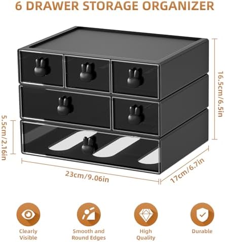 Marbrasse Desk Organizer with 6 Drawers, 3 Tier Stackable Storage Drawers Plastic Makeup Storage, Office Organizers and Storage, Desk Storage Box for Office, School, Home Black