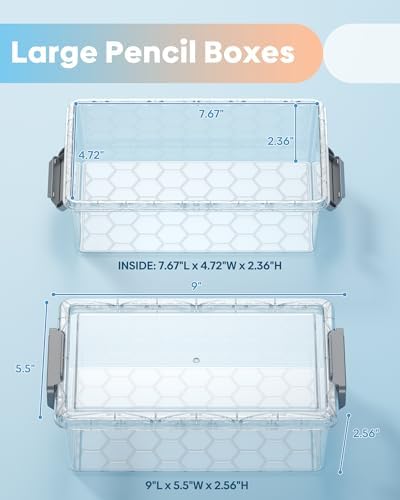 BiuLeon 8 Pack Large Pencil Box Set, Plastic Clear Pencil Case Marker Organizer, Crayon Box Craft Organizers, Stackable Storage Containers with Lid for Pen, Art and Craft Supplies(Grey)