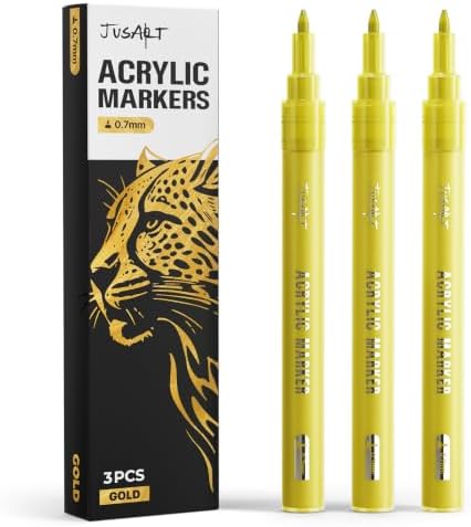 JusArt 0.7mm Fine Point Gold Acrylic Paint Pen, 3 Pack