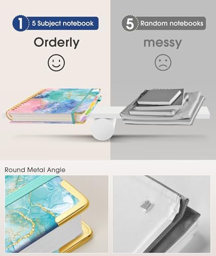 Hardcover Spiral Notebook journal with Removable Dividers Tabs, 300 Pages 5 Subject Notebook College Ruled, 100GMS Notebooks for Work School Note taking,Lined Journal for Women,Pink Blue Marble