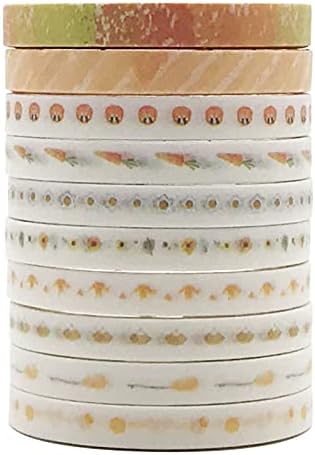 Vintage Pattern 5mm Wide Skinny Washi Tapes Set, 10 Rolls Minimalist Yellow Japanese Masking Decorative Tapes for Bullet Journal Planners DIY Decor Crafts Arts Scrapbooking Adhesive
