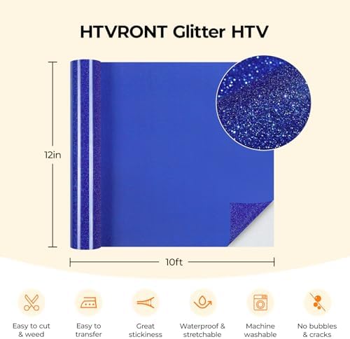 HTVRONT Glitter HTV, 12" x 10ft Royal Blue Glitter HTV Heat Transfer Vinyl
