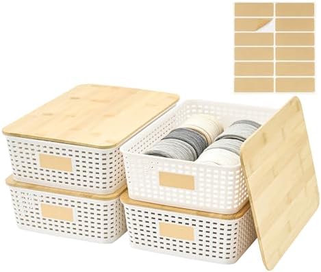 Bagnizer 4 Pack Plastic Storage Bins with Bamboo Lids, 6.2qt Stackable Storage Organizer Box with Lable for Pantry Shelves Drawers Desktop Office, 12"L x 8.3"W x 3.5"H, Cream White