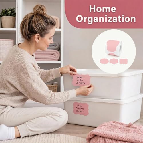 200 Pcs Pink Labels Stickers, 2x3 Inch, 3 Decorative Designs, Writable for Gift Wrapping, Pantry Storage, Jars & Wedding Decor
