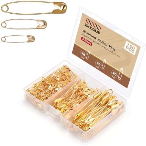 XKDOUS 150 Pack Safety Pins for Clothes 3 Universal Assorted Sizes, Gold