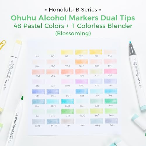 Ohuhu Alcohol Markers 48 Pastel Colors Brush & Fine for Adults Coloring