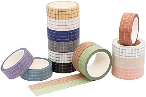 Knaid Grid Washi Tape Set, 14 Rolls of 15 mm Wide Decorative Colored Masking Tapes for Scrapbooking, DIY Decor and Crafts, Bullet Journals, Planners, Junk Journal, Gift Wrapping