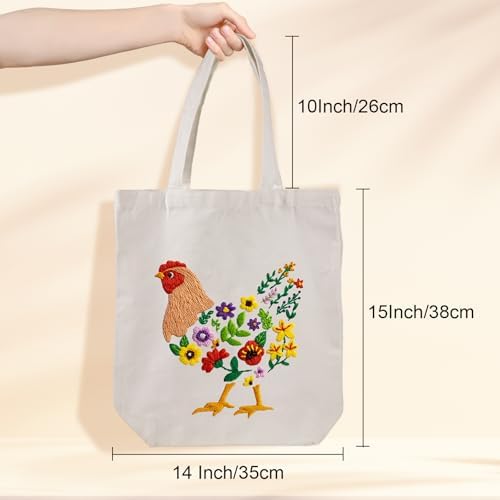 Louise Maelys Embroidery Kit, Canvas Tote Bag with Floral Hen Art Pattern