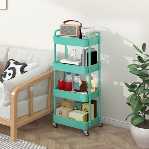 Sywhitta 4-Tier Plastic Rolling Utility Cart with Wheels for Storage,Green