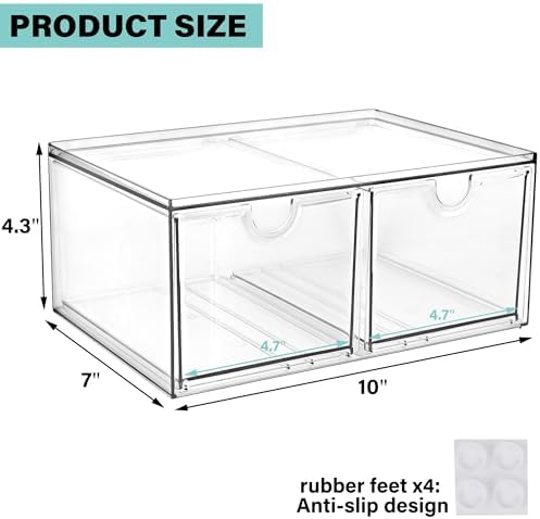 Prsildan Stackable Clear Makeup Organizer Acrylic Storage Drawers with 2 Drawers for Vanity Bathroom Office Desk Modular Drawer System for Cosmetics Jewelry Toiletries Home Organization