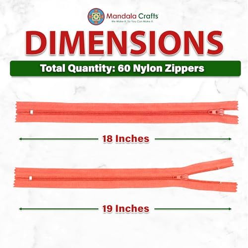Mandala Crafts 60 PCs Coral Closed-End 18 Inches Nylon Zippers for Sewing