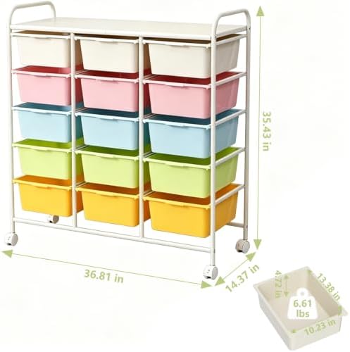 15-Drawer Rolling Storage Cart with Wheels, Multi-Color Plastic Drawer Cart | Mobile Organizer Cart, Utility Storage Trolley for Office, Living Room, Craft Room, Bathroom, and Home Organization