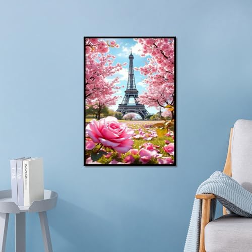 MVVMTOP Diamond Painting Kit for Adults 5D DIY Eiffel Tower and the Flower Trees Full Drill Round Diamond Art Kits for Beginners Crystal Rhinestone Embroidery Painting Home Wall Decor Gift