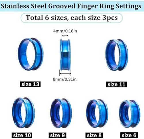 SUNNYCLUE 1 Box 18Pcs Inlay Ring Blanks Blue Stainless Steel Grooved Ring Blank US Size 7/8/9/10/11/12 Finger Findings Settings for Jewelry Making Kits DIY Craft Supplies