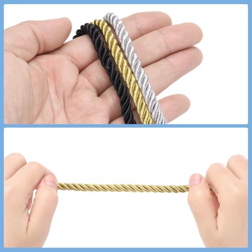 MECCANIXITY Twisted Cord Trim, 11 Yard 6mm 3-Ply Twine Braided Rope Shiny Thread String for Craft Gift Bag Curtain Christmas Decor, Gold - 10m