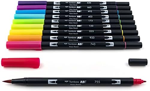 Tombow 56185 Dual Brush Pen Art Markers, Bright, 10-Pack. Blendable, Brush and Fine Tip Markers